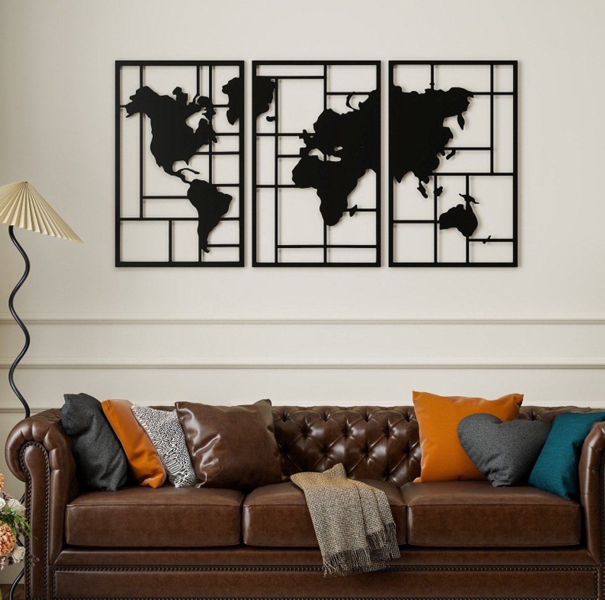 FloraGrace Wandpaneel – 3 Delig Wereldkaart Wanddecoratie – 150 X 80 Cm – Metaal – Zwart – Modern Voor Woonkamer En Hal