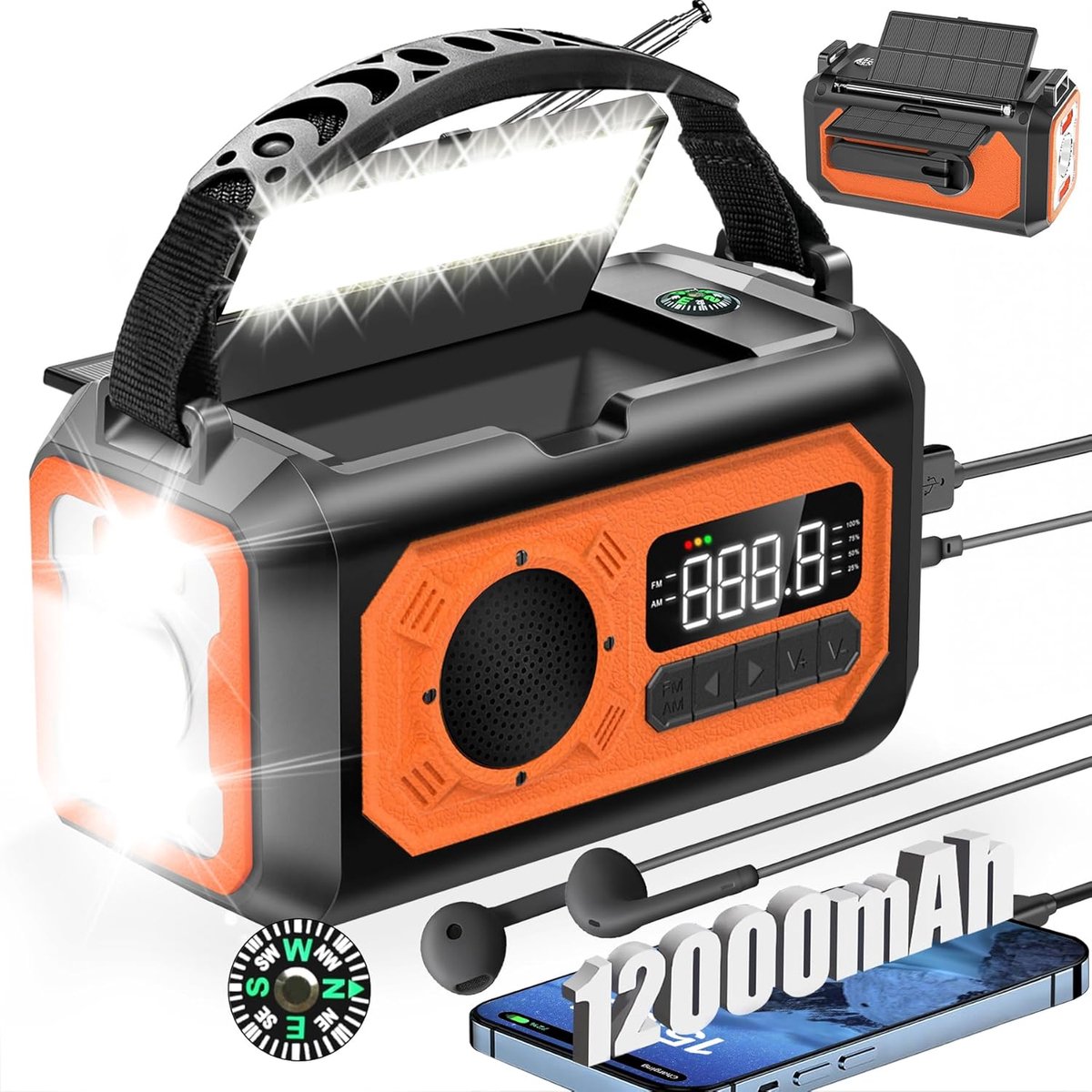Noodradio 12000mAh - Multifunctioneel met 2 Zonnepanelen - Handcrank en USB Oplaadmogelijkheden - ShopVlot