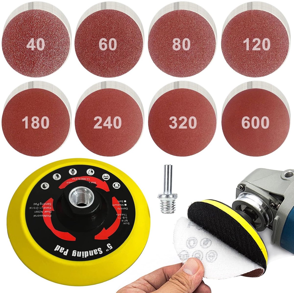 Schuurdiscs 125 mm - 80 stuks schuurpapier - M14 schuurpad en schacht - Ideaal voor houtbewerking - SnelShoppen