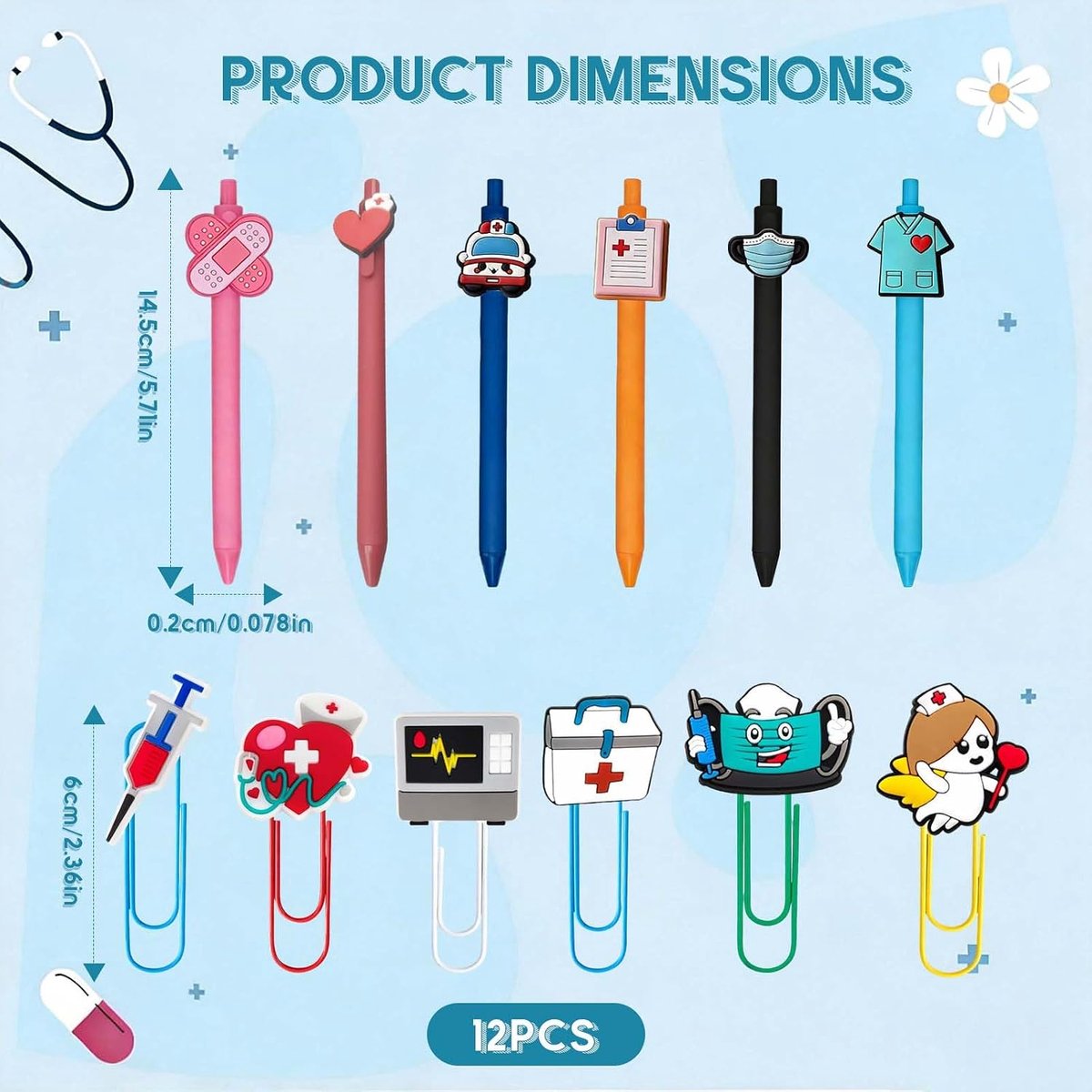 Verpleegsterspen set van 6 stuks - kleurrijke ontwerpen - met 6 paperclips - perfect voor medische professionals - SnelShoppen