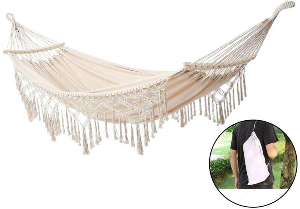 Dubbele Hangmat - Boho Hangmat Macrame Hangmat - voor 2 Personen - Grote Katoen Zachte Hangmat Bed - Voor Patio Achtertuin Veranda Gazon en Tuin (Wit, belasting: 250kg)