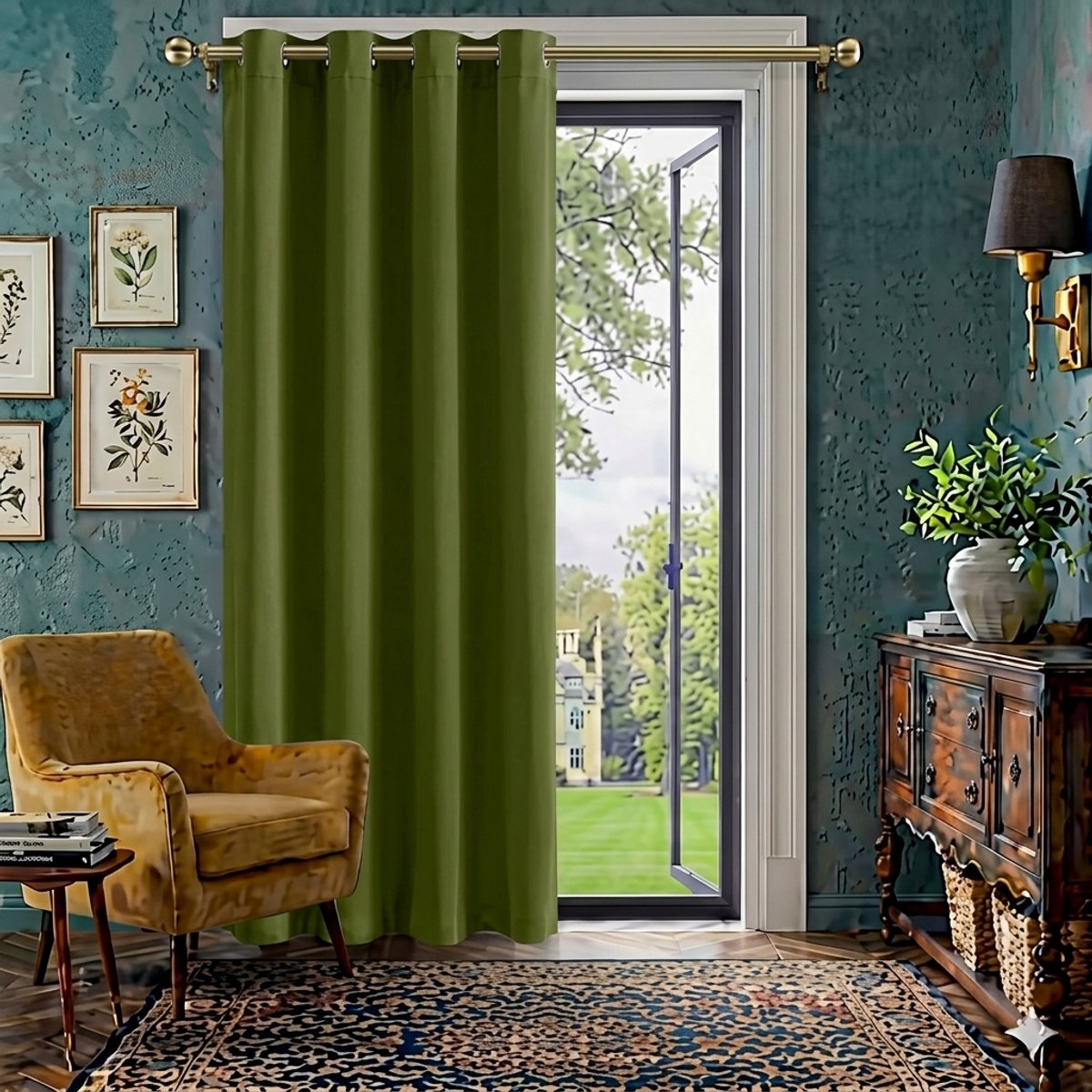 Maison Elara Verduisterende Gordijnen Kant en Klaar - Blackout Gordijn 132x210 cm Olijf - 1 Paneel met Ringhaken - Woonkamer Slaapkamer