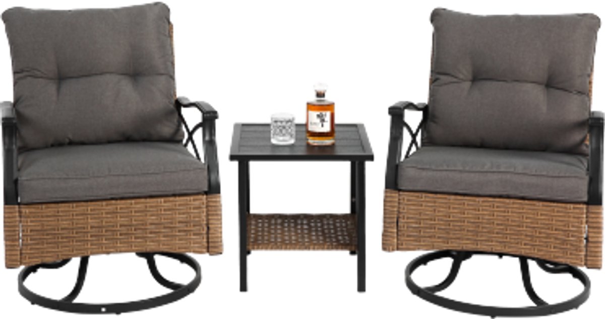 Buiten draaibare schommelstoelen set 3-delige met 1 tafel en 2 schommelstoelen, ondersteuning 350 lbs, bruin rieten buitenmeubelen, patio gespreksset