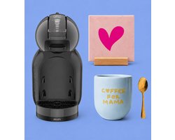 KRUPS NESCAFÉ Dolce Gusto MiniMe KP120810 koffiecupmachine zwart/antraciet - mama cadeaupakket met blauwe Coffee for mama mok, goudkleurig koffielepeltje, hartjestegel en tegelhouder
