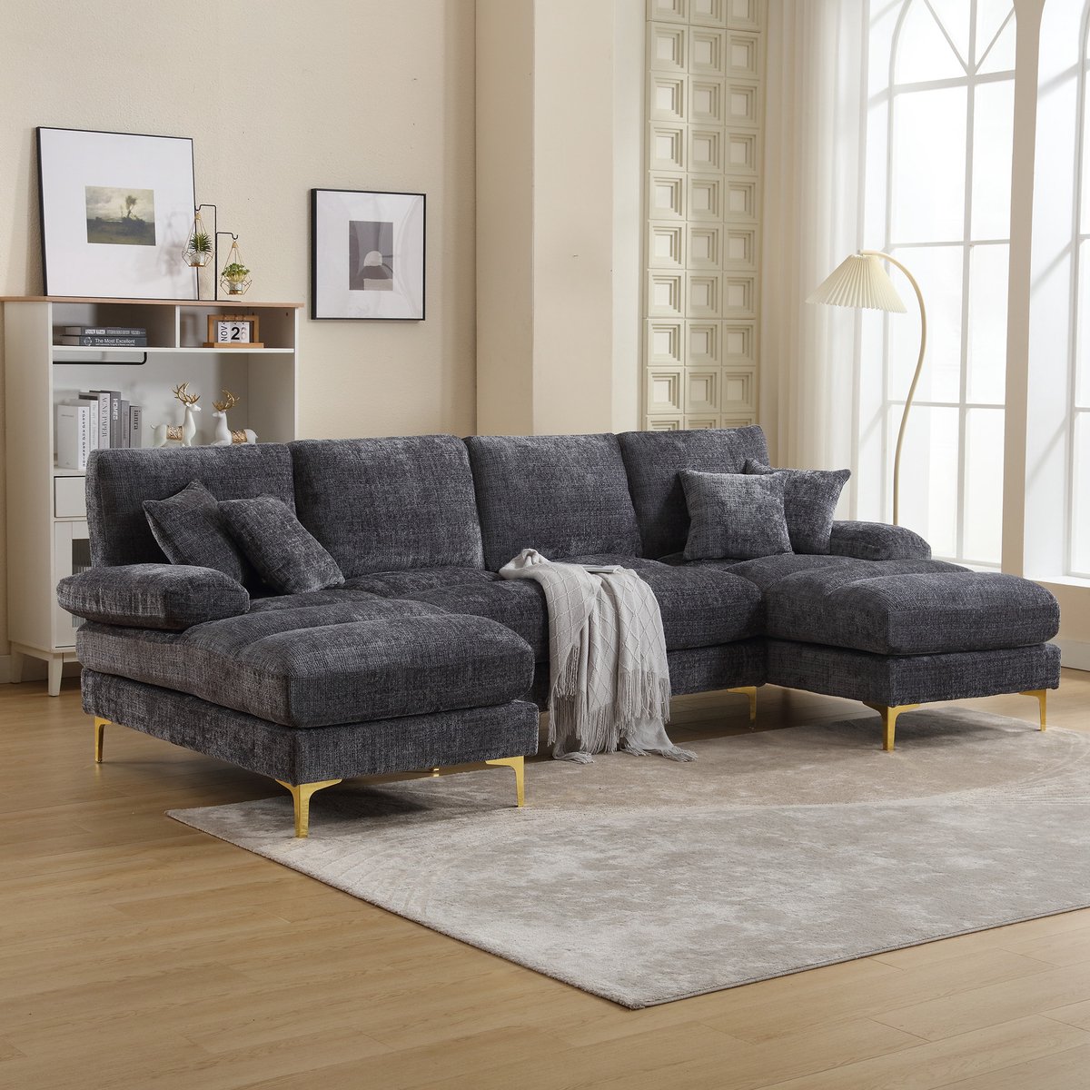 DESMIU U-Bank 272 Cm - Dubbele Chaise Longue Met Ergonomische Kussens - Voor Woonkamer En Kantoor - Chenille - Grijs