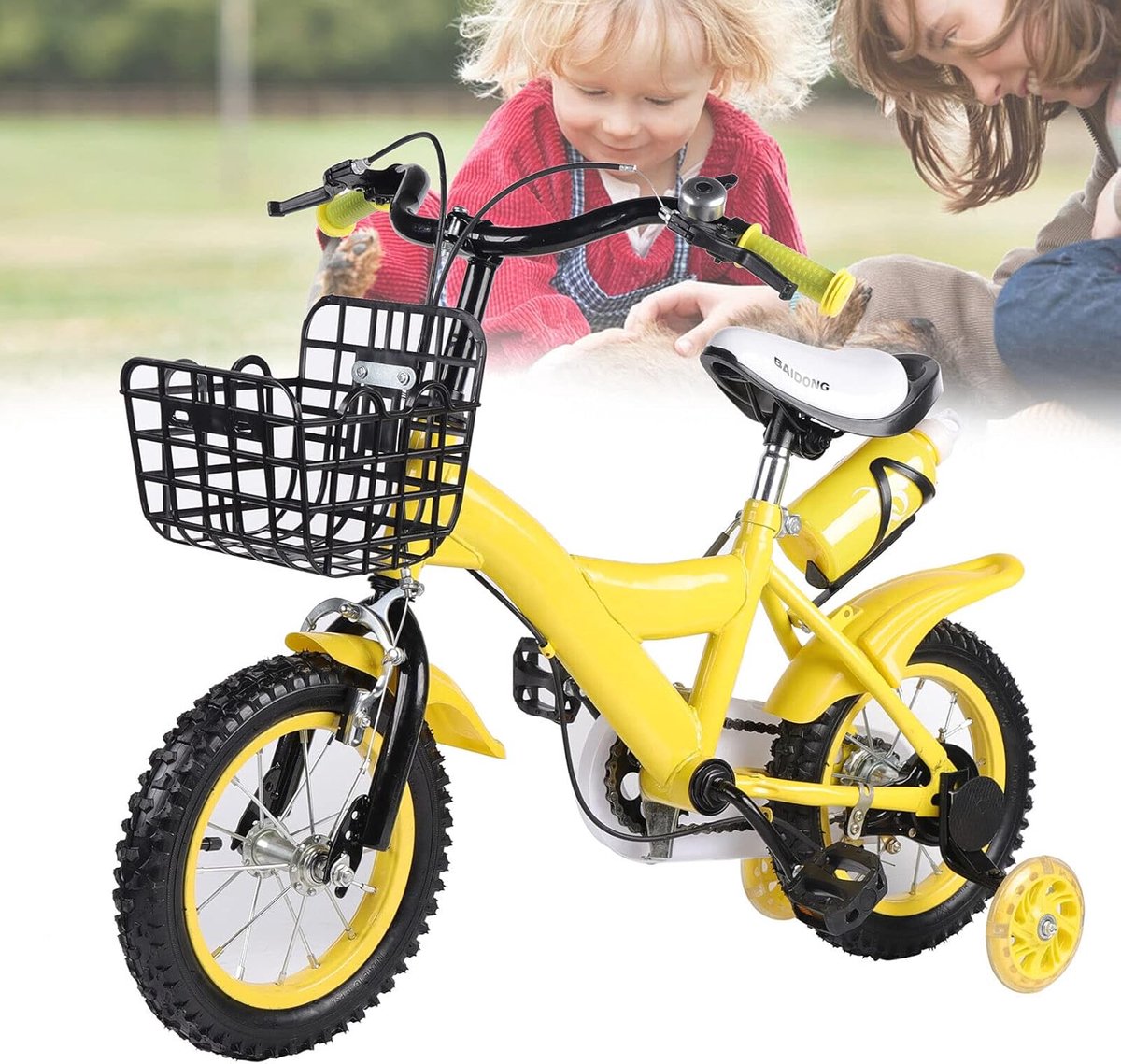Kinderfiets 12 inch Loopfiets met steunwielen Leren fietsen Dubbele rem 12 inch Geel