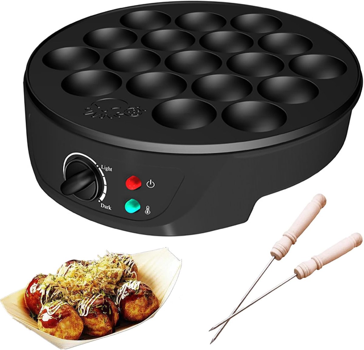 Elektrische Takoyaki-maker, 18 gaten Takoyaki-pan met scheidende trechterbeker en 2 Takoyaki-balnaalden, snel verwarmen, niet-stick Octopus-balmaker voor brunch, diner, snacks