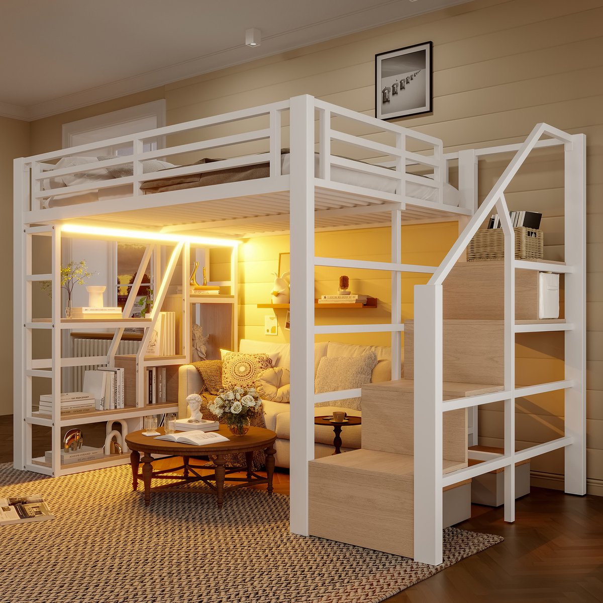 COVREO Hoogslaper, 140 x 200 cm, ijzeren frame, met opbergvakken, geïntegreerde trap, veiligheidsrails en ladder, led-lichtstrip, open opbergruimte onder het bed, matras niet inbegrepen, wit. White