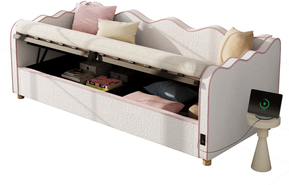 COVREO Bedbank 90x200 cm - met hydraulische opbergruimte, USB en rugleuning, beige