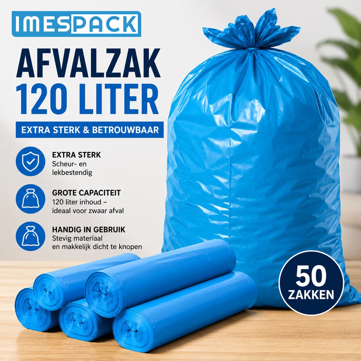 Afvalzakken 120 Liter – Extra Sterke Vuilniszakken – Blauw – 50 Stuks - IMES PACK