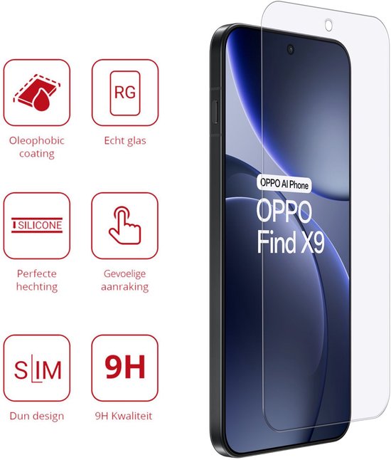 Iconen met uitleg over de Rosso screenprotector: oleofobische coating, echt glas, perfecte hechting, gevoelige aanraking, dun design, 9H kwaliteit. Met Oppo Find X9 telefoon.