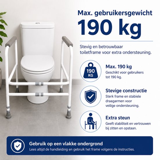 Vrijstaand toiletframe, wit met grijze armleuningen, naast een toilet, met tekst "Max. gebruikersgewicht 190 kg".