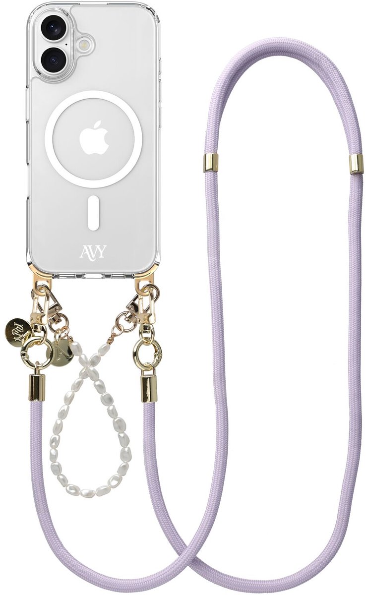 AVY Hoesje geschikt voor Apple iPhone 17 | Compatibel met MagSafe | Clear Case met Telefoonkoord Set | Polsband & Crossbody Pearl & Rope Purple