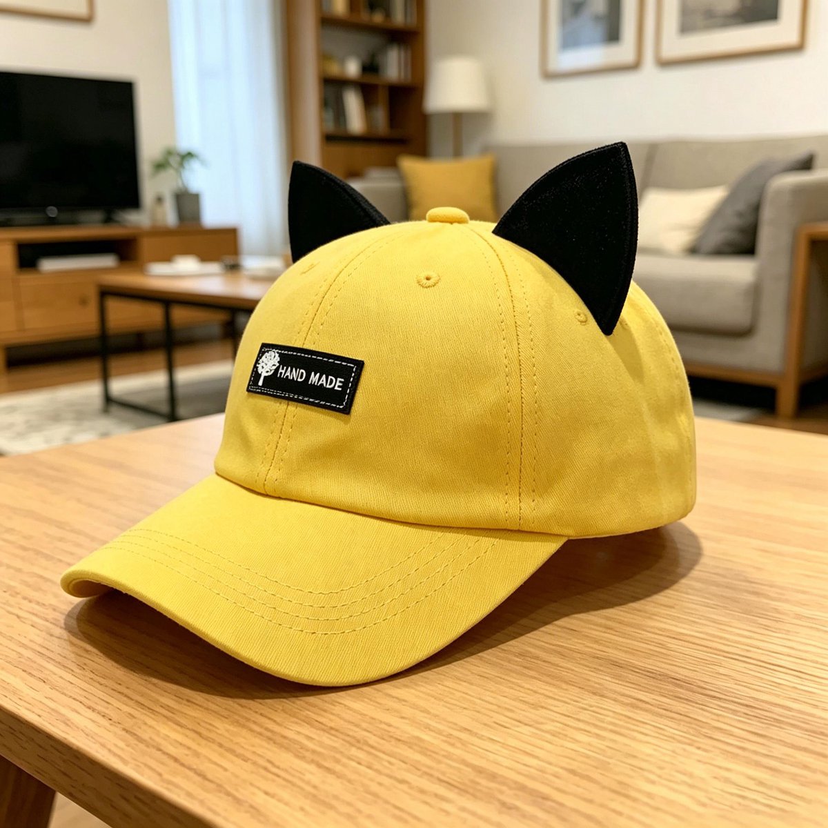 baseballpet met zwarte kattenoren zachte katoenen dadcap met HAND MADE label uniseks casual pet voor dagelijks gebruik universeel leuke dierenhoed voor volwassenen en tieners Geel