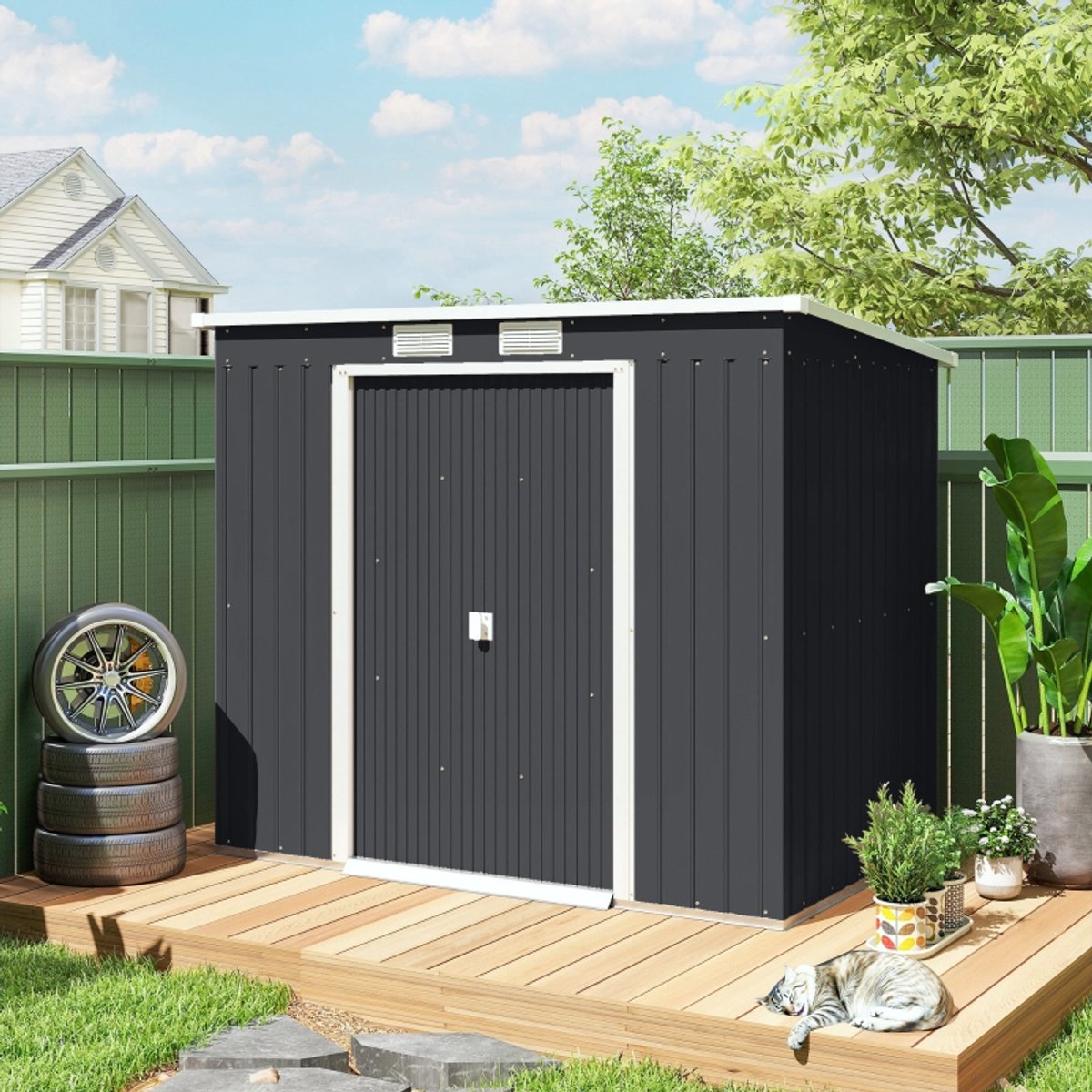 Tuinhuis Metaal, Metalen Schuurtje, Tuinberging Metaal, Gereedschapshok, Buitenopslag Schuur, Tuinschuur Met Ventilatieramen, Schuifdeuren, Gegalvaniseerd Staal, 213 X 130 X 172 Cm, Donkergrijs