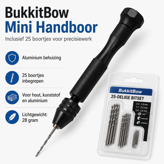 BukkitBow mini handboor met aluminium behuizing, 25 boortjes (0,3-3,4 mm) en een lichtgewicht ontwerp van 28 gram.