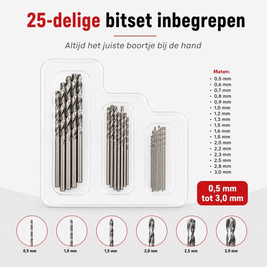 Verpakking met 25 precisieboortjes in kunststof houder, maten van 0,5 mm tot 3,0 mm. Voor precisiewerk.