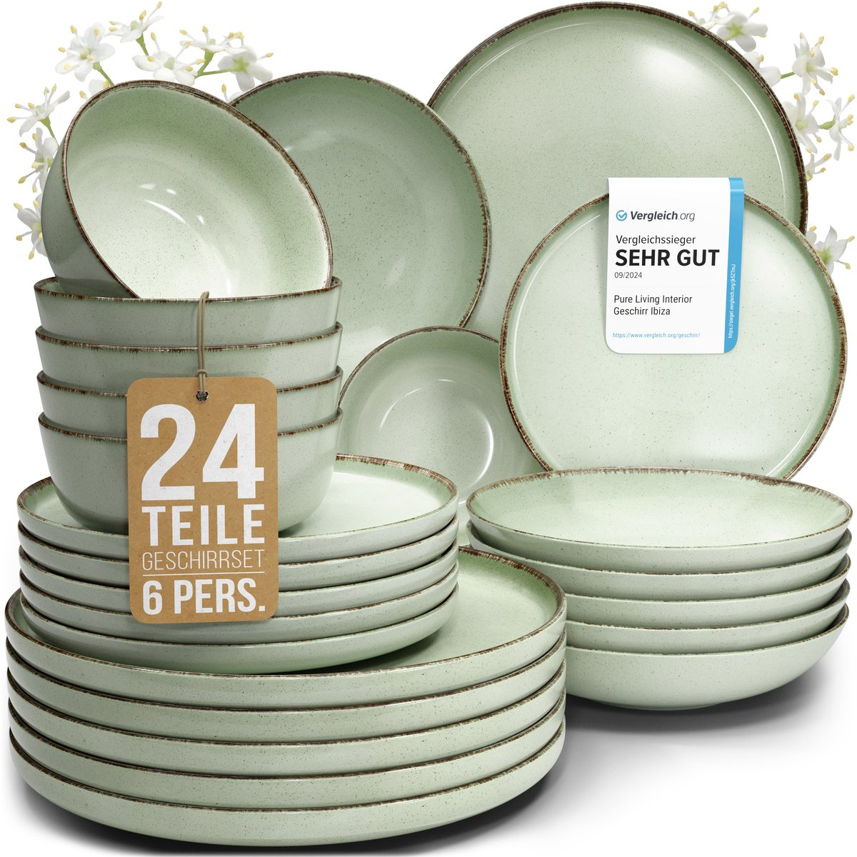 Pure Living mintgroen serviesset voor 6 personen – 24-delig – aardewerk – landelijk design – Rustic