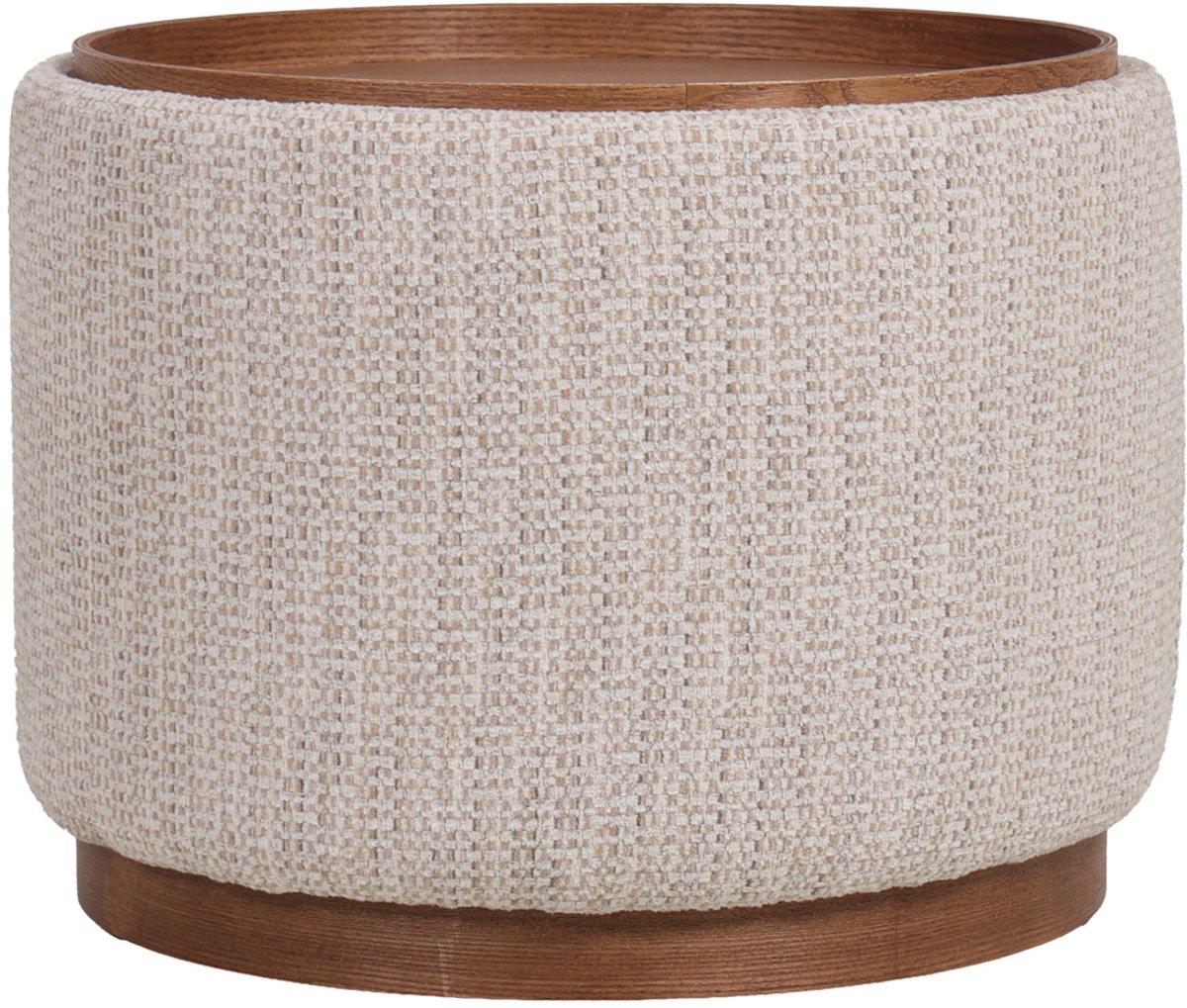 DÉJA Living Salontafel Marcia Beige/Walnoot – Rond – Met Opbergruimte – Chenille en Essenfineer – 55x55x42 cm