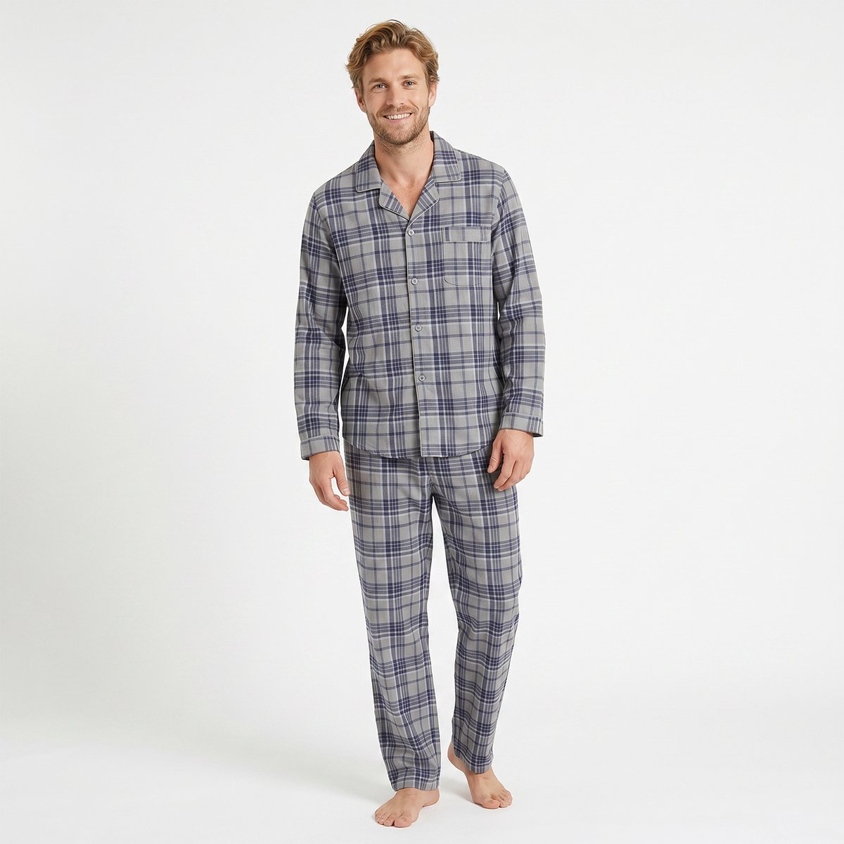 Heren Geruite Doorknoop Pyjama Lange Mouw Lange Broek - Kleine Ruitjes - Katoen - Donkergrijs - Maat M - 2502-Grey-M