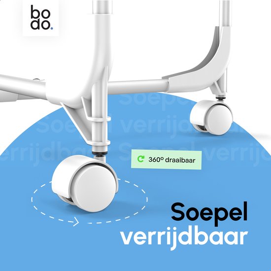 Witte droogtoren met zwenkwielen, tekst 'Soepel verrijdbaar' en een pijl die 360° rotatie aangeeft.