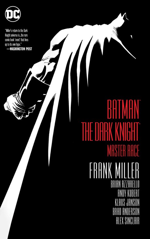 Batman: The Dark Knight Master Race graphic novel cover, met een silhouet van Batman in een cape op een zwarte achtergrond.