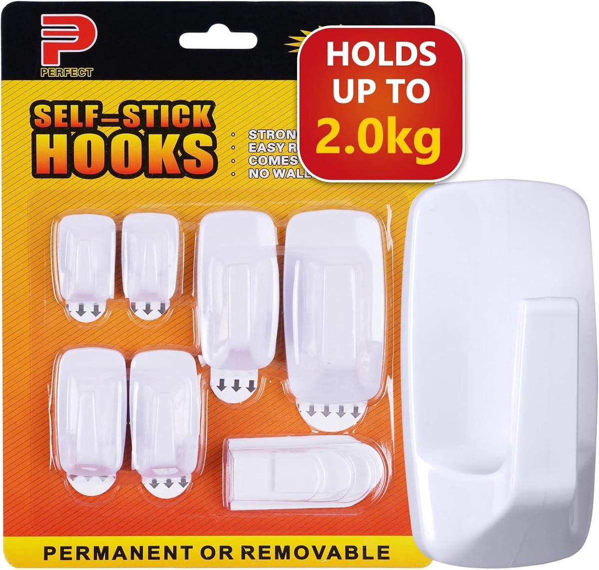Powerstrips Haakjes Set met Zelfklevende Strips, Ideaal voor Glas, Tegels en Hout, Draagvermogen tot 2 kg, 6 Stuks voor Eenvoudige Bevestiging