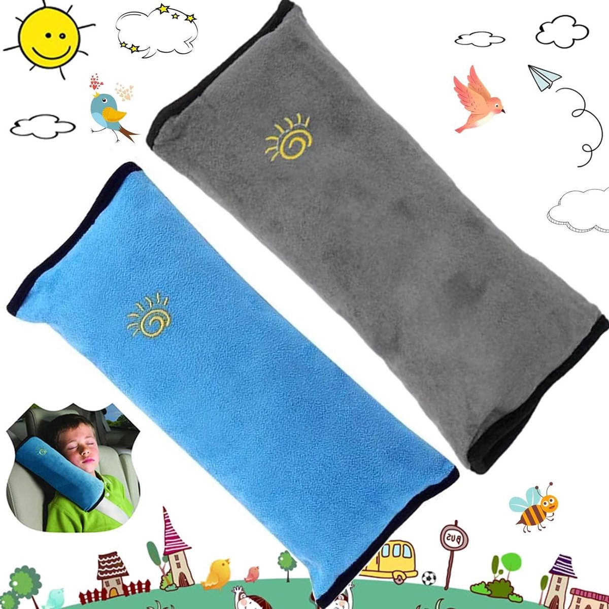 Veiligheidsgordel Pads - Gordelbeschermers Kinderen - Comfortabel Reizen - Zacht Pluche Materiaal - 2 Stuks - Blauw Grijs