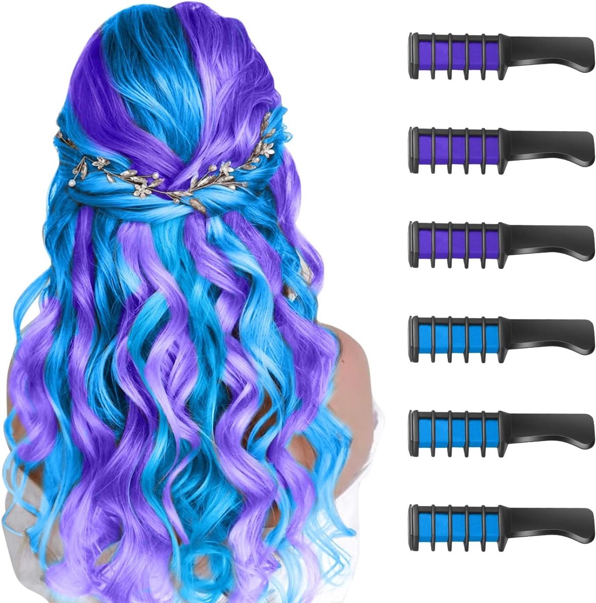 Krijt voor Kinderen, Tijdelijke Haarkleur voor Meisjes, Creatieve Haarverf voor Feestjes en Cosplay, Geschikt voor Leeftijd 6-12 jaar, Blauwe en Paarse Kleuren