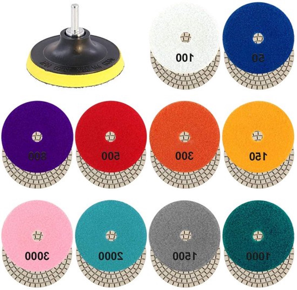 Set van 10 Diamant Polijstpads van 4 Inch - 50 tot 3000 Grit met Haak en Lussysteem voor Graniet, Steen, Beton en Marmer Polijsten