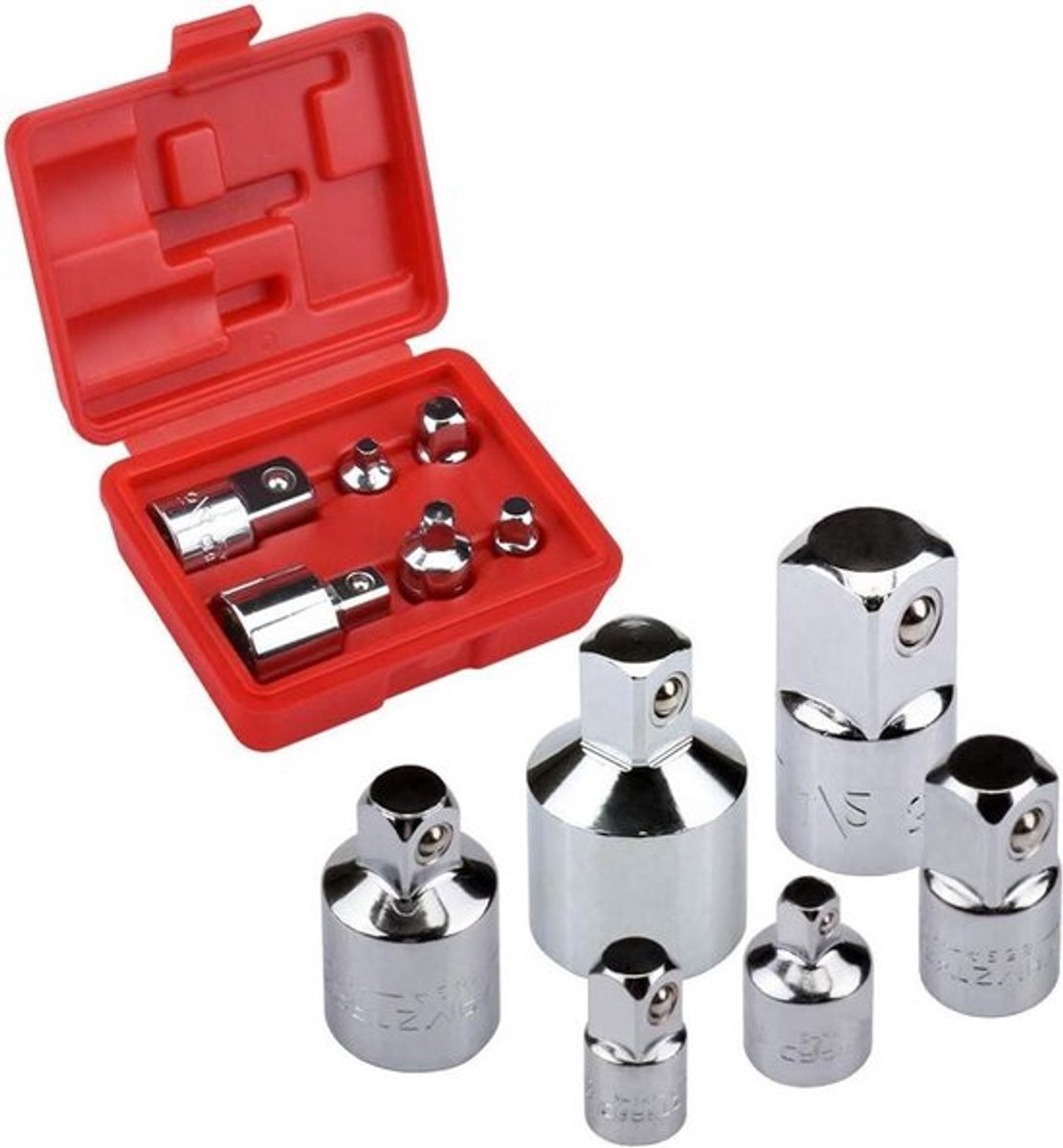 6-delige socket adapter set voor ratel en doppenset met verloop 1/4 inch, 3/8 inch, 1/2 inch - chroom-vanadiumstaal met spiegelende afwerking