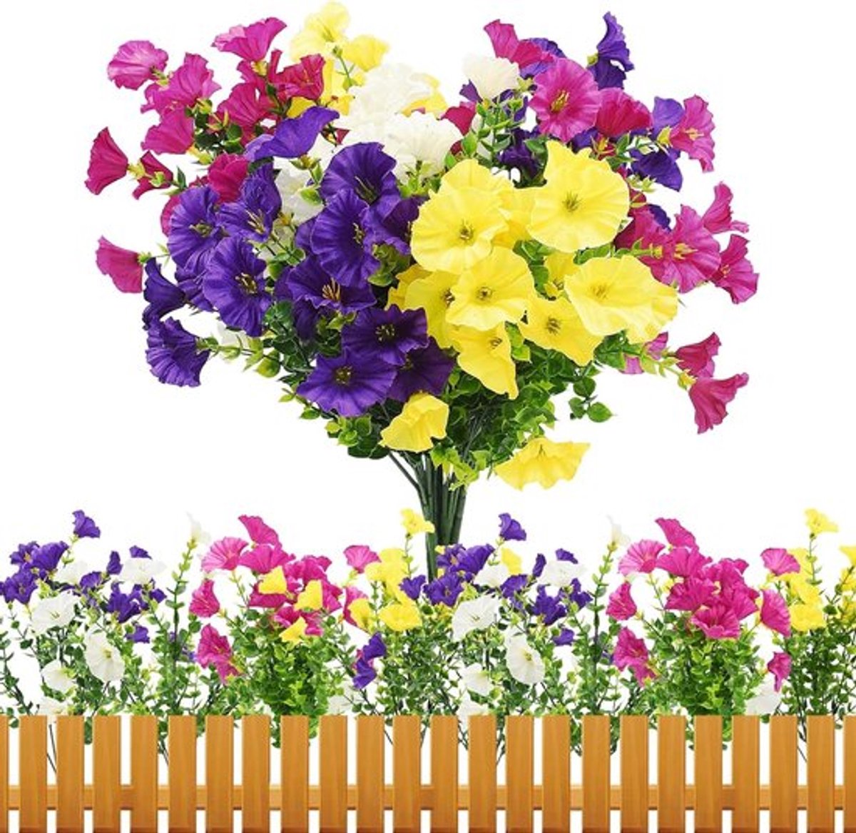 8 Bundels UV-bestendige Kunstbloemen voor Buiten - Petunia-planten voor tuin, balkon en vazen (Geel, Wit, Paars)