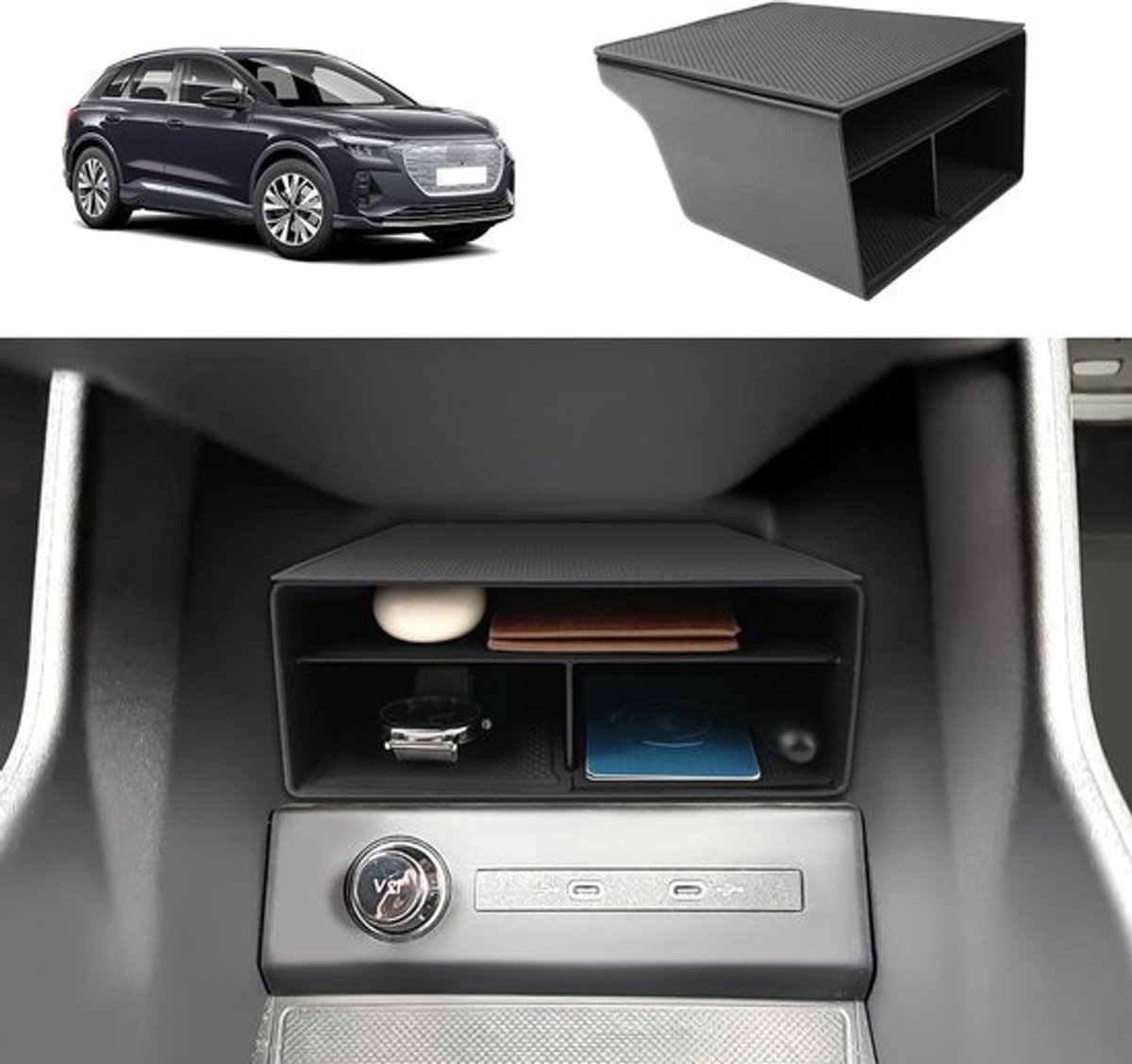 Praktische Opbergdoos voor Center Console, Geschikt voor Audi Q4 e-tron EV 2021-2025, Organiser met Antislipmat, Ideaal voor Armsteun en Handschoenenkast, Zwart, Ruimtebesparend en Functioneel