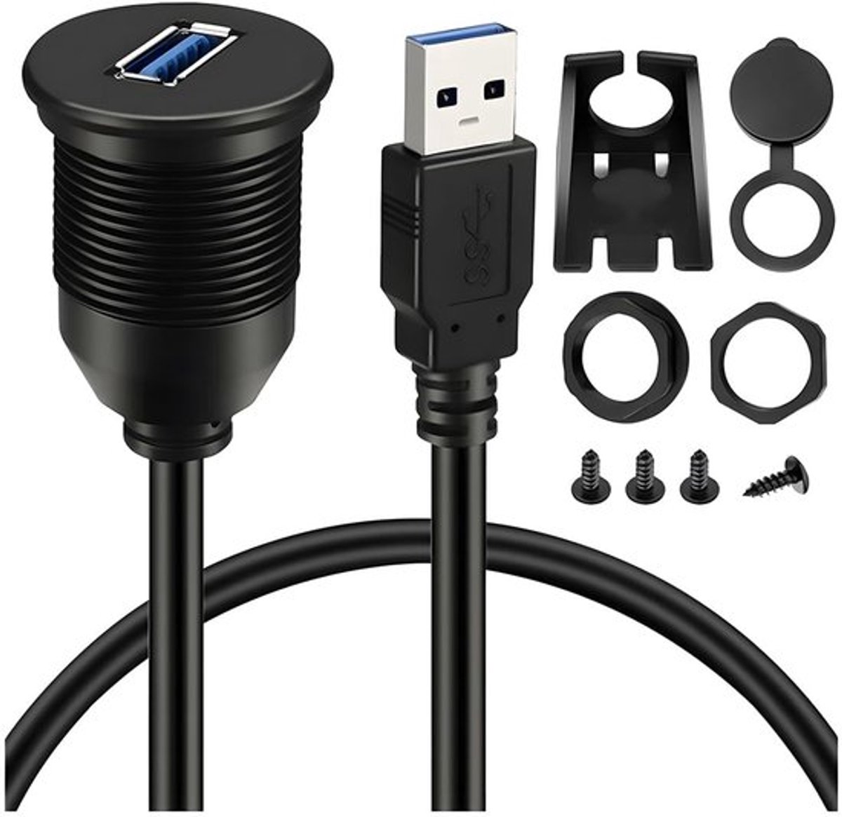 USB 3.0 Auto Flush Mount kabel - Verlenging dashpaneel - Waterdicht - Zwart - Geschikt voor auto vrachtwagen boot motorfiets - 2...