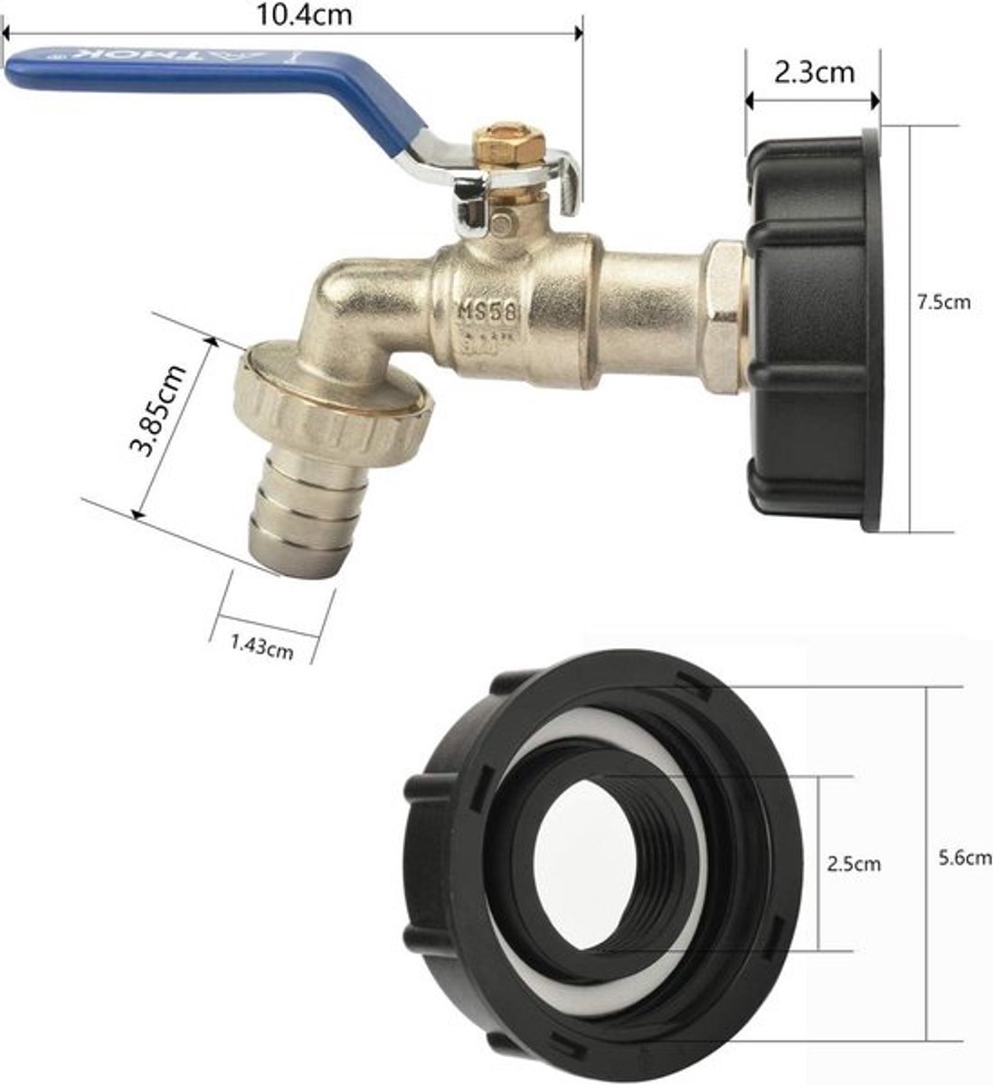 Tankkraanadapter met 3/4 inch schroefdraad voor wateropslagtank - Messing fitting - Blauw