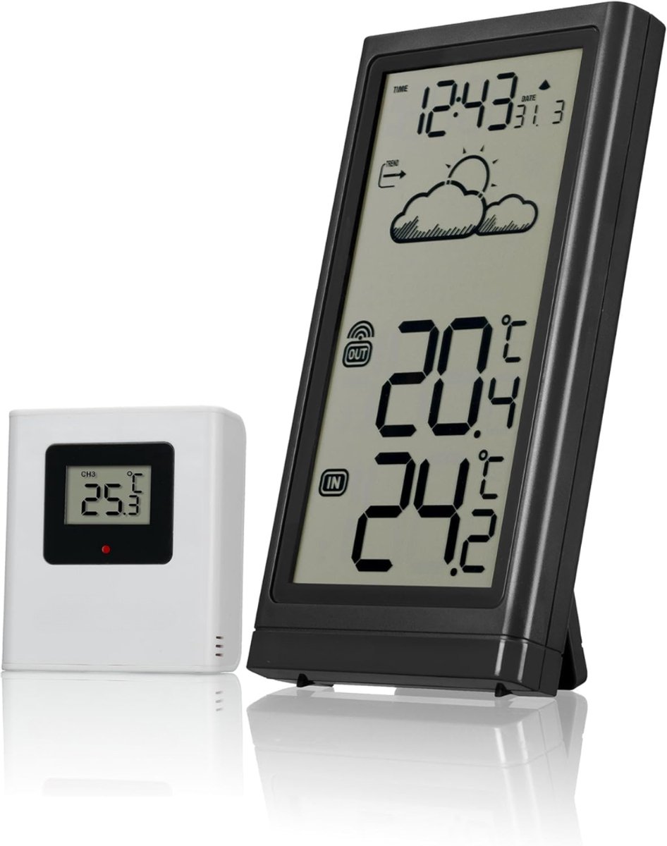 KIRA® Weerstations - Draadloos Weerstation - Thermometer met Temperatuurweergave - Zwart - ‎8cm x 2cm x 15cm