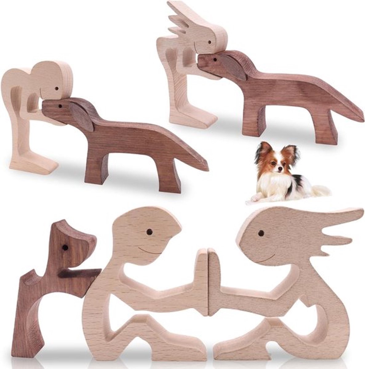 Houten Figuren Set van 3, Sculpturen en Ornamenten voor Creativiteit, Perfect voor Thuis en Kantoor, Ideaal voor Hondenliefhebbers en Decoratie