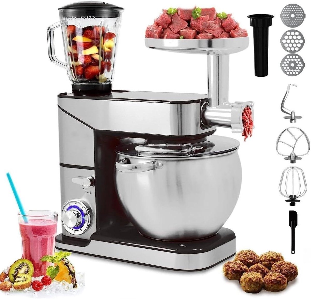 Keukenmachine - Mixer - Bakken en koken - 3-in-1 functie - 12L kom - Zilver