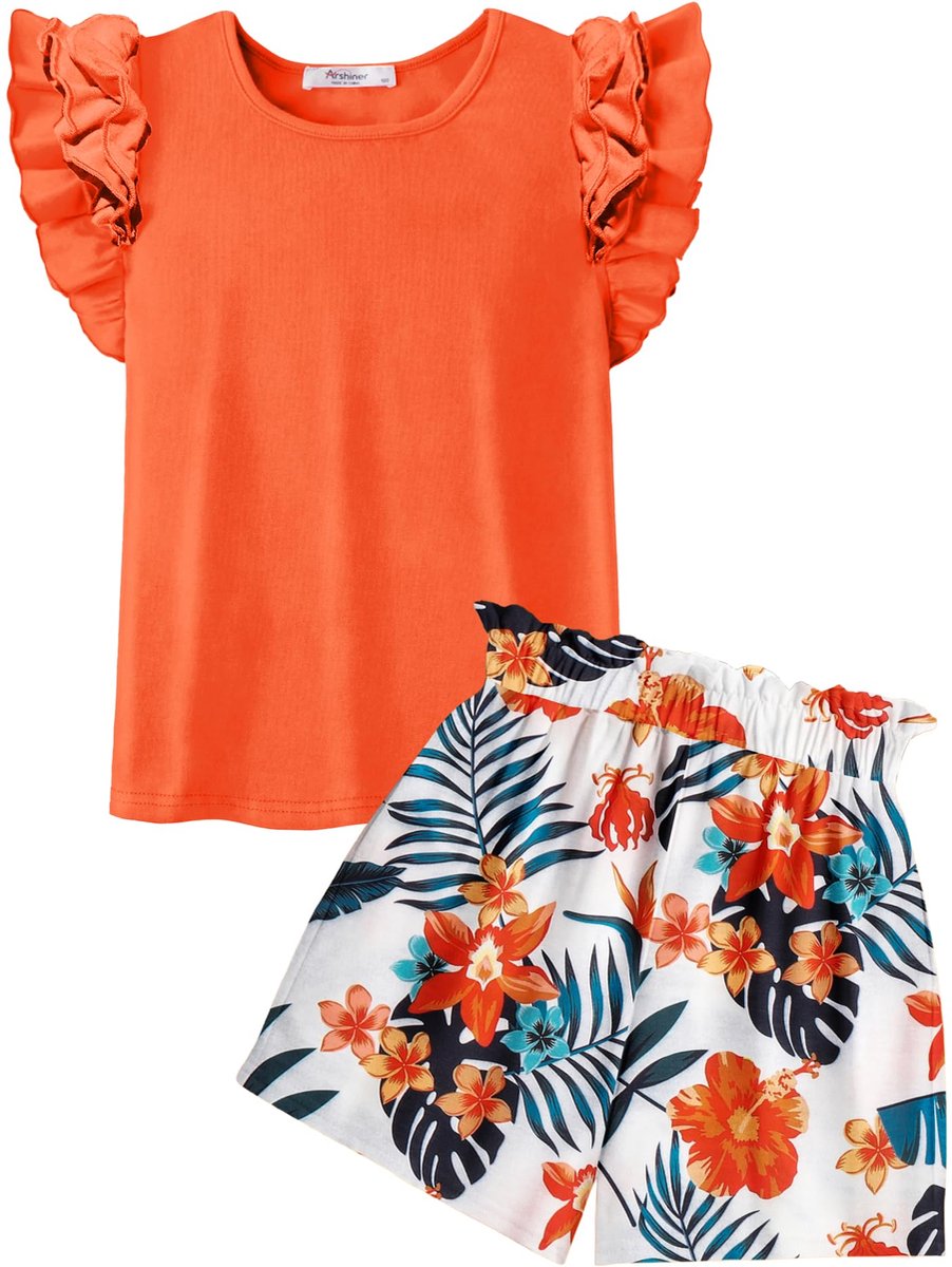 SnelShoppen - Meisjeskleding set zomer T-shirts met shorts casual kleding set voor kinderen van 6-14 jaar, Katoen mouwloze outfit in Oranje voor dagel