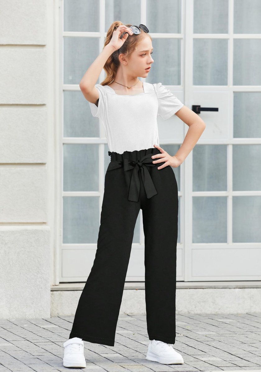 SnelShoppen - Meisjes T-shirt met broek set kinderen mode kledingset bubbelmouwen zwart/wit 9-10 jaar, trendy tweedelige outfits voor vrijetijd, feest