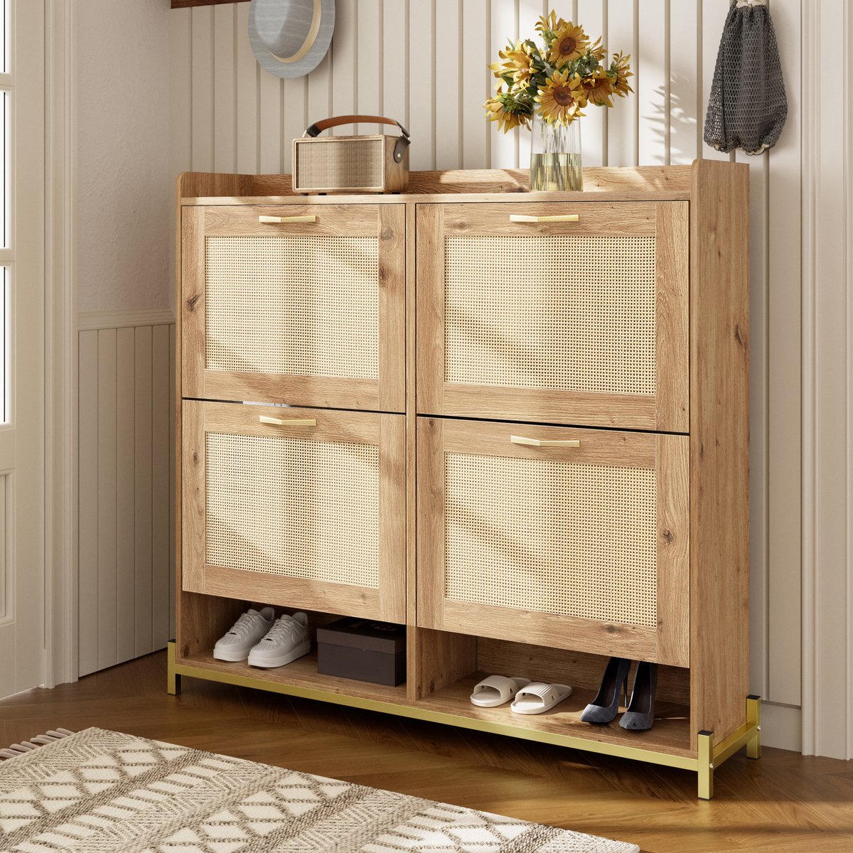 Schoenenkast - 4-deurs kast met rattan deuren, metalen frame & bovenblad - 108,5x100x24 cm - Houtlook