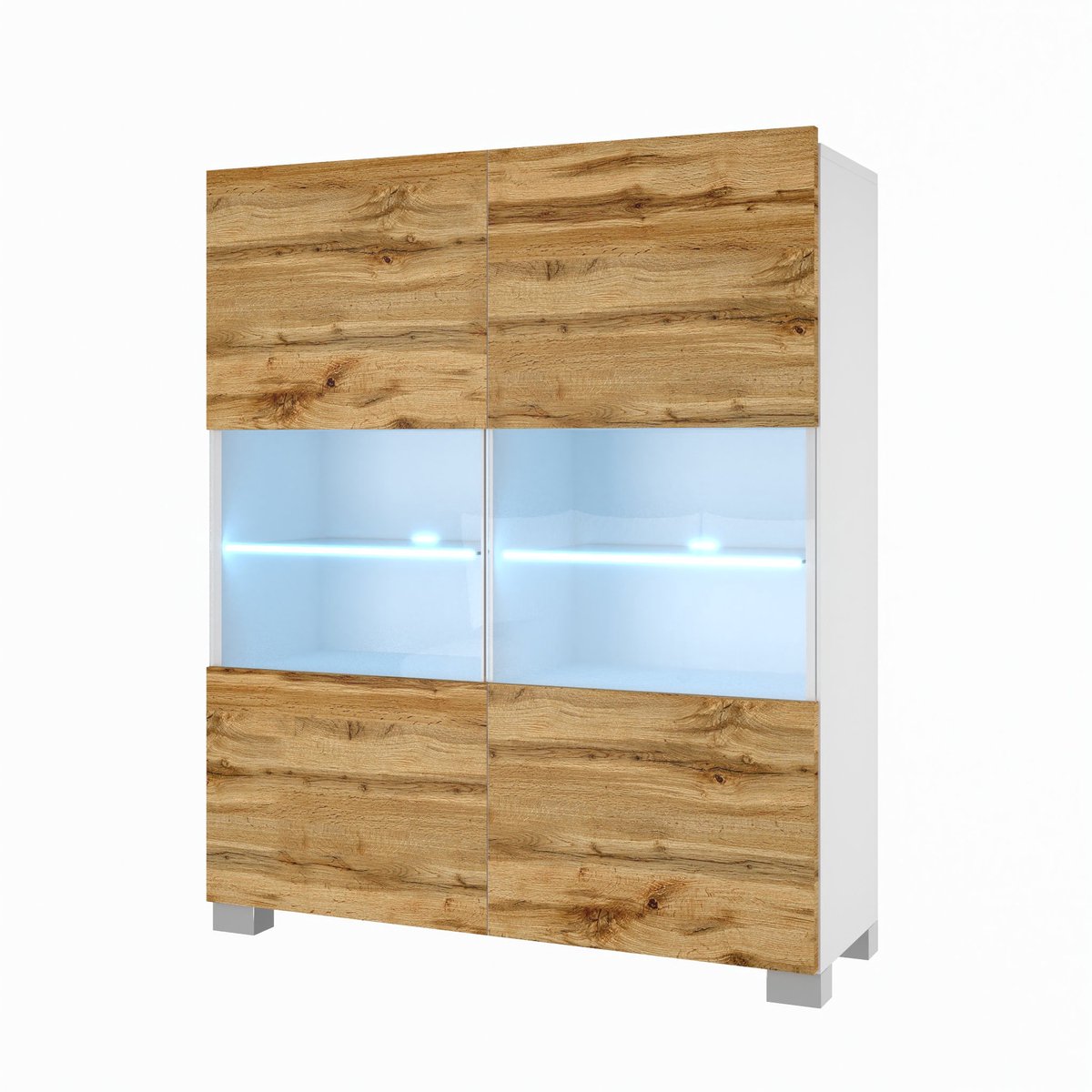 BELINI Vitrinekast met LED-verlichting - Hoge Kast Wotan Eiken - Greeploos Woonkamermeubel met Zacht Sluitend Systeem - Modulair Design