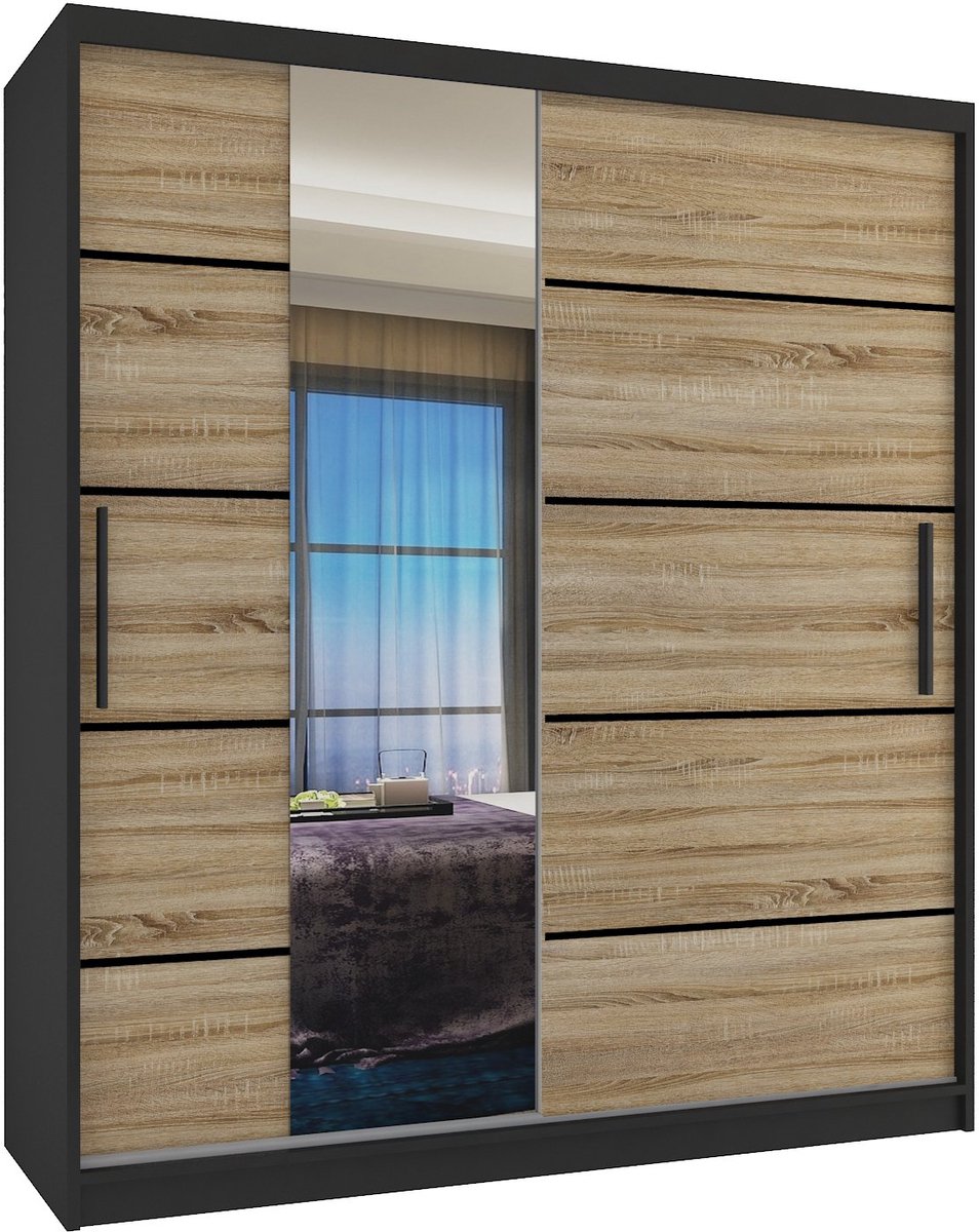 BELINI Verona MBP Schuifdeurkast 133 cm Zwart/Sonoma Eiken Mat - Kledingkast met Spiegel - Comfort Line Slaapkamerkast