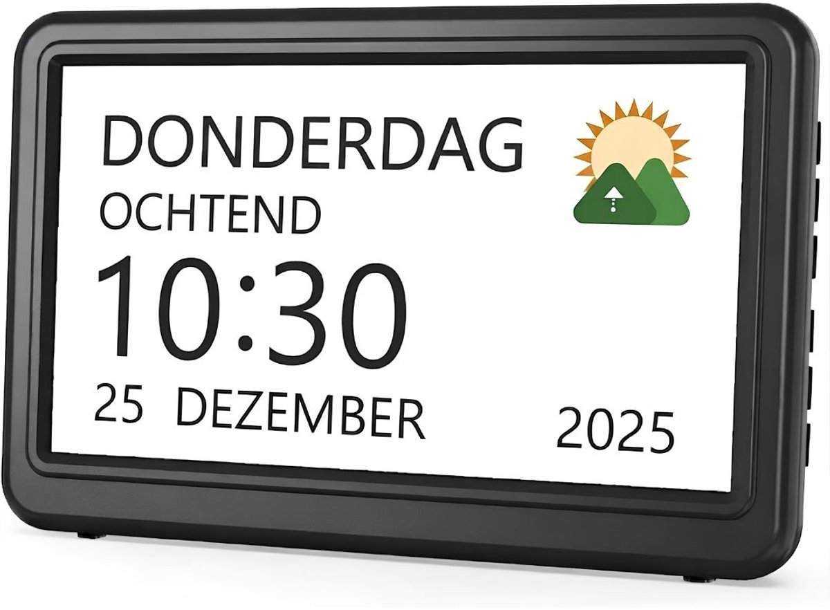 JCP® Dementieklok - 7 inch Digitale LCD Klok - Automatische Dimfunctie - Zwart - 21cm x 14cm x 3cm