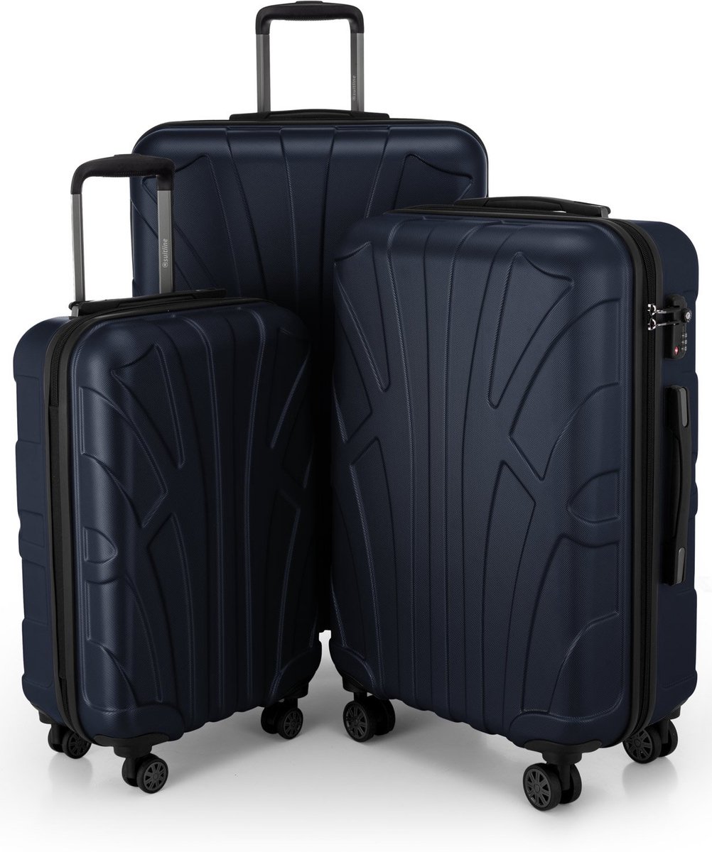 SnelShoppen - 3 delige Kofferset ABS Harde Schaal Handbagage 55 cm, 66 cm en 76 cm Uitbreidbaar met TSA Slot, 4 Dubbele Wielen, Donkerblauw voor Vakan