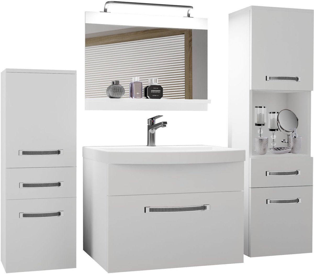 BELINI Badkamermeubel Set GLA M 5 - Badmeubelset 140 cm Wit Mat met Wastafel, Spiegel en LED Lamp - Wandmontage