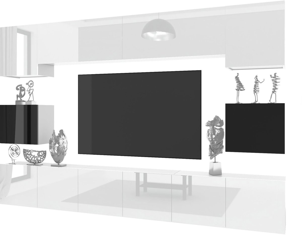 BELINI Wandmeubel Milano 3 300 cm Wit Hoogglans/Zwart Hoogglans - TV-Wand Greeploos - Moderne Woonwand met Gasliftsysteem - Modulair TV-Meubel