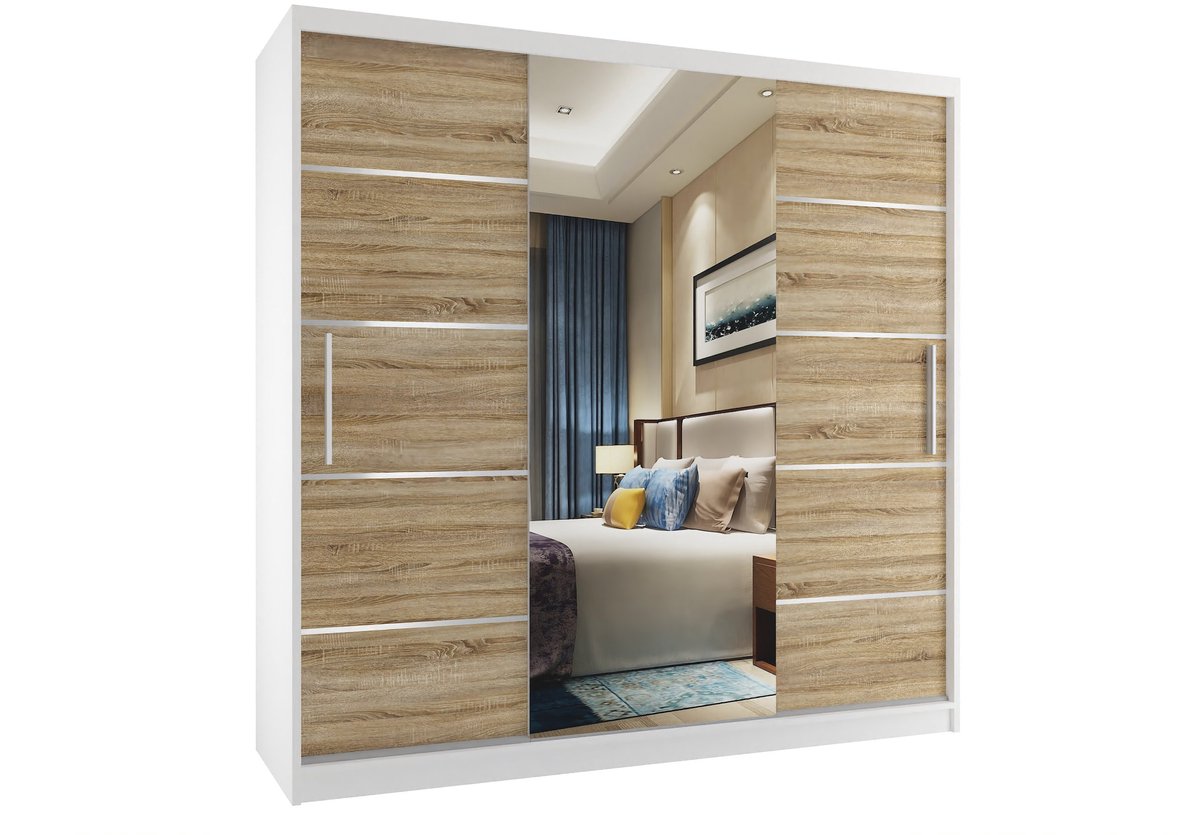 BELINI Verona MT Schuifdeurkast 200 cm Wit/Sonoma Eiken Mat - Kledingkast met Spiegel & Lades - Comfort Line Driedeurkast