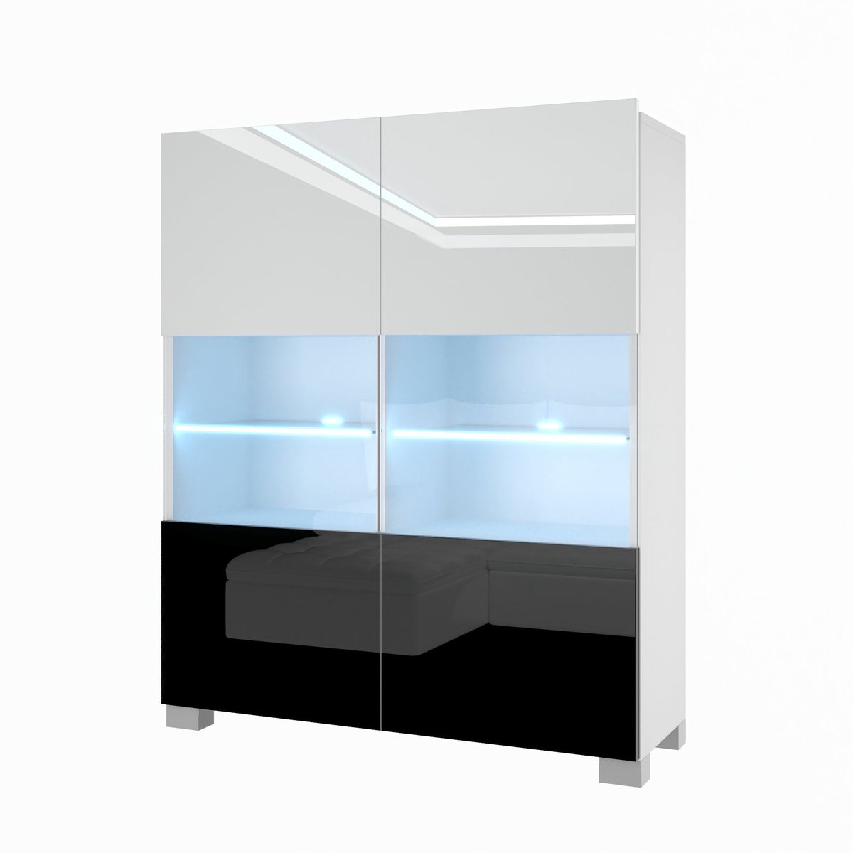 BELINI Vitrinekast met LED-verlichting - Hoge Kast Wit/Zwart - Greeploos Woonkamermeubel met Zacht Sluitend Systeem - Modulair Design
