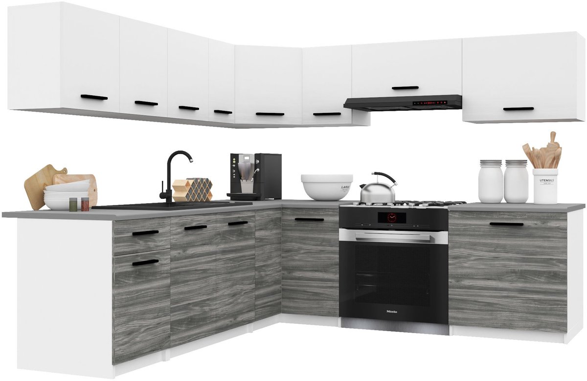 BELINI Keukenblok ITALIA 7 - Keukenmeubel Set 420 cm Wit-Grijs Glamour Mat met Werkbladen - Boven- en Onderkasten